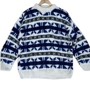 Handmade 100% Wool Chunky Knit Sweater Mens Medium Blue Cream Fisherman Nautical